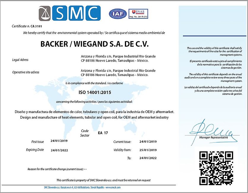 Backer Wiegand 14001 Certificate